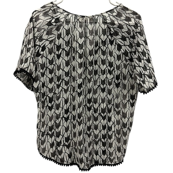 Two by Vince Camuto Black White Split Neck Semi Sheer Pom Pom Blouse Top Small - Picture 8 of 10